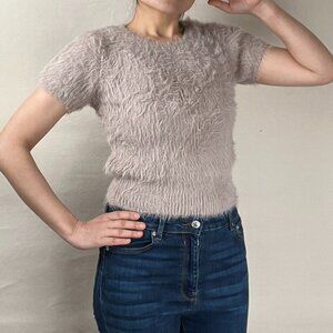 Zara Fuzzy Taupe Short Sleeve Sweater Size Medium